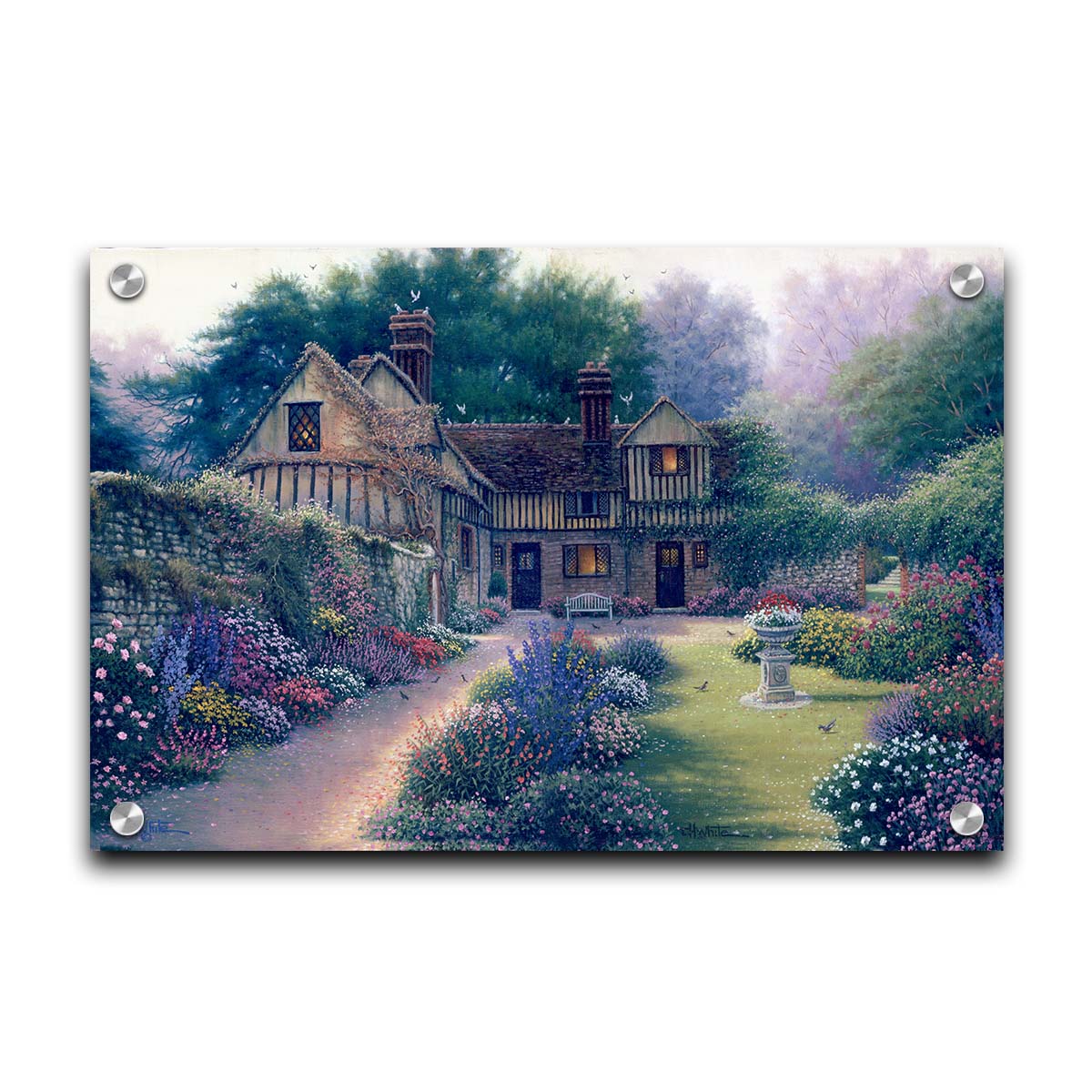 A painting of a cozy brown house surrounded by a vibrant and diverse display of flowers, including pink roses and lavender. Little birds search for seeds within the enchanting garden scene. Printed on acrylic.