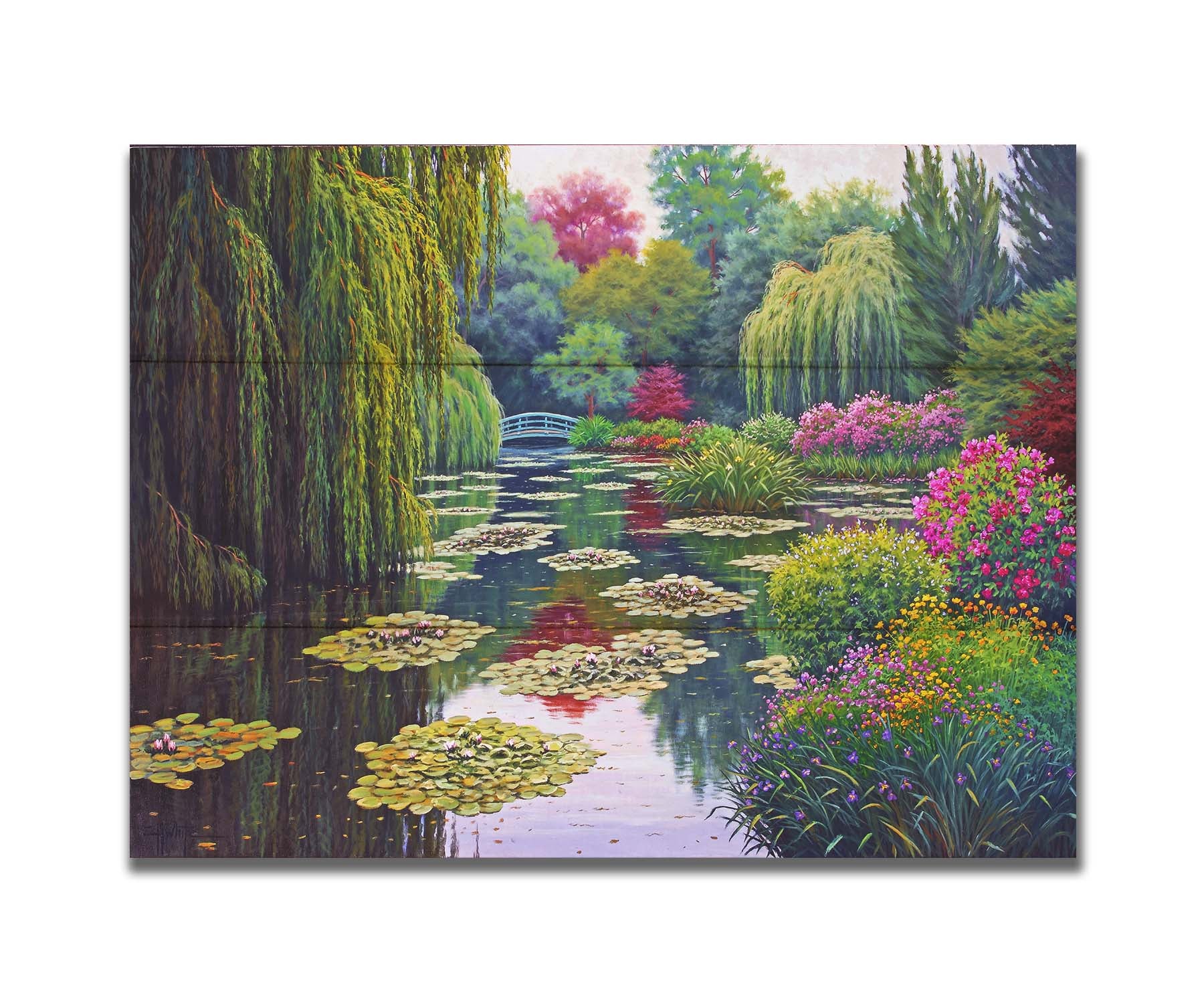 A painting of Claude Monet's garden at his home in Giverny, France. A pond dotted with lily pads is surrounded by weeping willows and colorful flower bushes in pinks, reds, yellows, and purples. Printed on a box board.