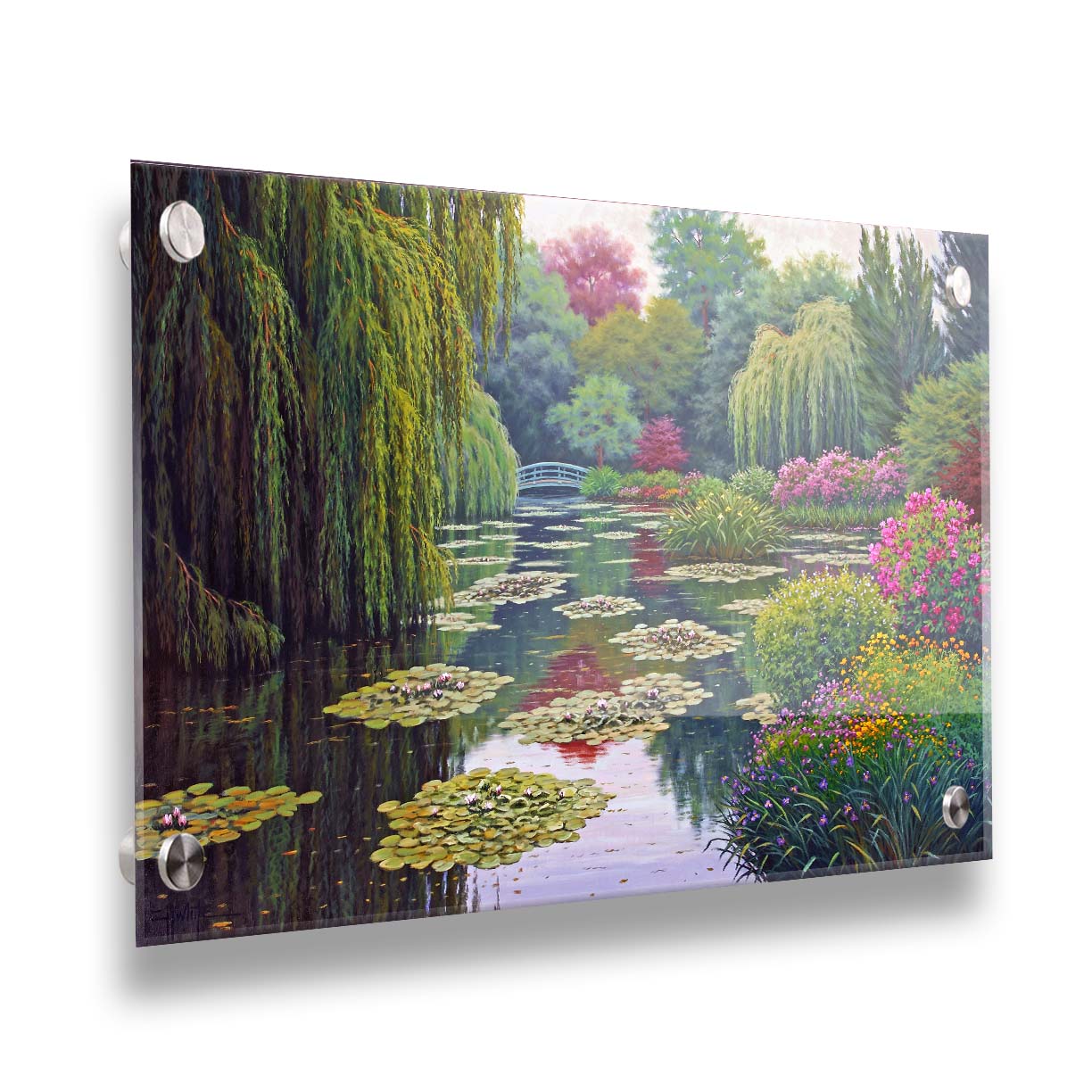 A painting of Claude Monet's garden at his home in Giverny, France. A pond dotted with lily pads is surrounded by weeping willows and colorful flower bushes in pinks, reds, yellows, and purples. Printed on acrylic.