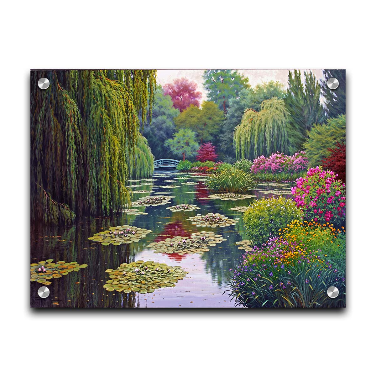 A painting of Claude Monet's garden at his home in Giverny, France. A pond dotted with lily pads is surrounded by weeping willows and colorful flower bushes in pinks, reds, yellows, and purples. Printed on acrylic.