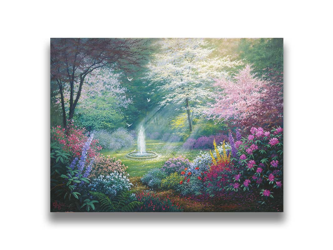 A painting of a garden filled with a variety of flowers, including lavender and poppies, alongside blooming pink and white trees. A fountain is at the garden's center, lit by beams of light from between the trees. Doves fly through the scene. Printed on canvas.