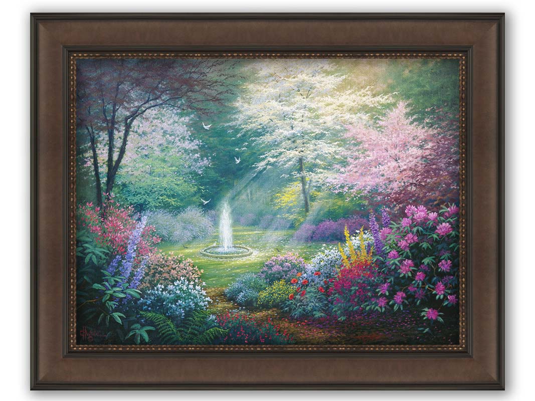 A painting of a garden filled with a variety of flowers, including lavender and poppies, alongside blooming pink and white trees. A fountain is at the garden's center, lit by beams of light from between the trees. Doves fly through the scene. Printed on canvas and framed.