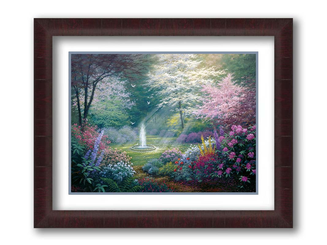 A painting of a garden filled with a variety of flowers, including lavender and poppies, alongside blooming pink and white trees. A fountain is at the garden's center, lit by beams of light from between the trees. Doves fly through the scene. Printed on paper, matted, and framed.