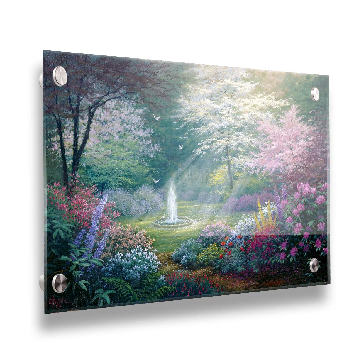 A painting of a garden filled with a variety of flowers, including lavender and poppies, alongside blooming pink and white trees. A fountain is at the garden's center, lit by beams of light from between the trees. Doves fly through the scene. Printed on acrylic.