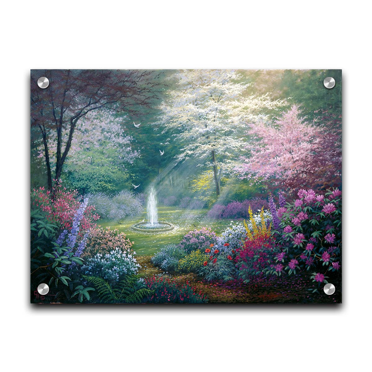 A painting of a garden filled with a variety of flowers, including lavender and poppies, alongside blooming pink and white trees. A fountain is at the garden's center, lit by beams of light from between the trees. Doves fly through the scene. Printed on acrylic.