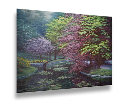 A painting of a peaceful garden pond covered in lily pads, and surrounded by vibrant red and yellow flowers, striking red maples, and blossoming white and pink trees. Printed on metal.