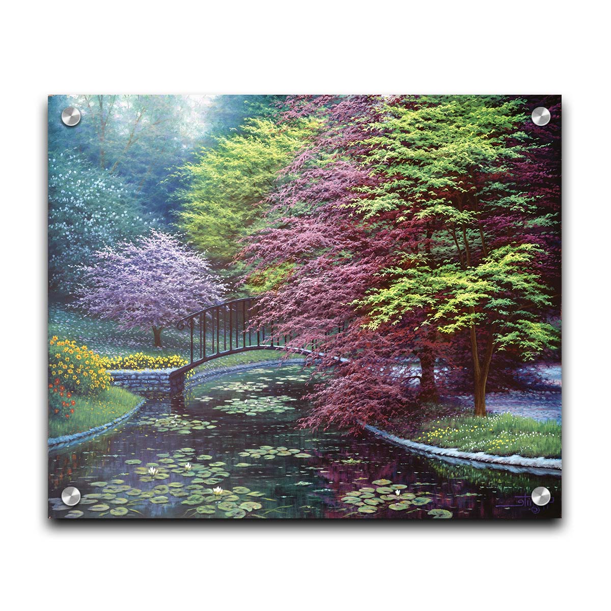 A painting of a peaceful garden pond covered in lily pads, and surrounded by vibrant red and yellow flowers, striking red maples, and blossoming white and pink trees. Printed on acrylic.