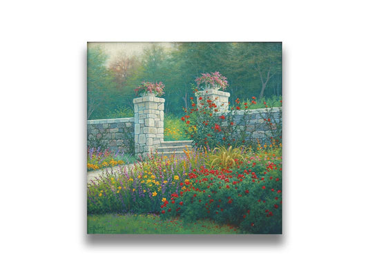 A painting focused on a stone fence through a garden, with stairs leading down to a path through the flowerbeds. Pink, red, yellow, and purple blossoms of various species line the wall. Printed on canvas.