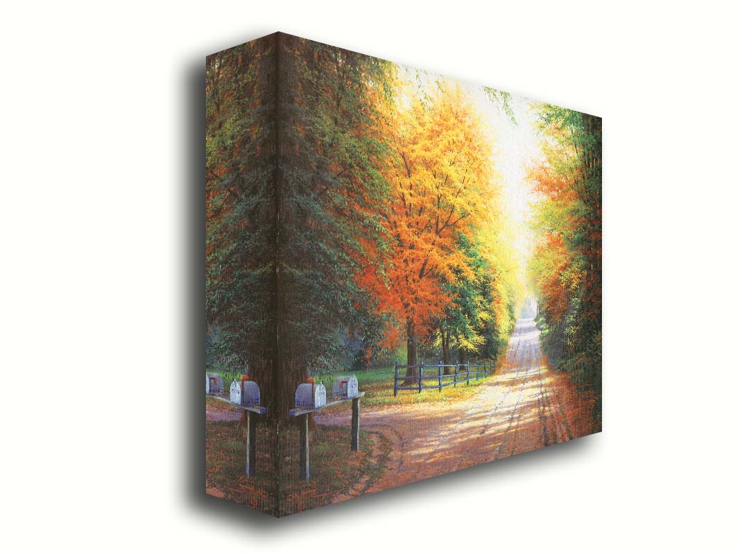 A painting of a gravel road, leading past a driveway with mailboxes and a quaint fence. All sides of the road are lined with trees, many of whose leaves have turned yellow and orange for fall. Printed on canvas.