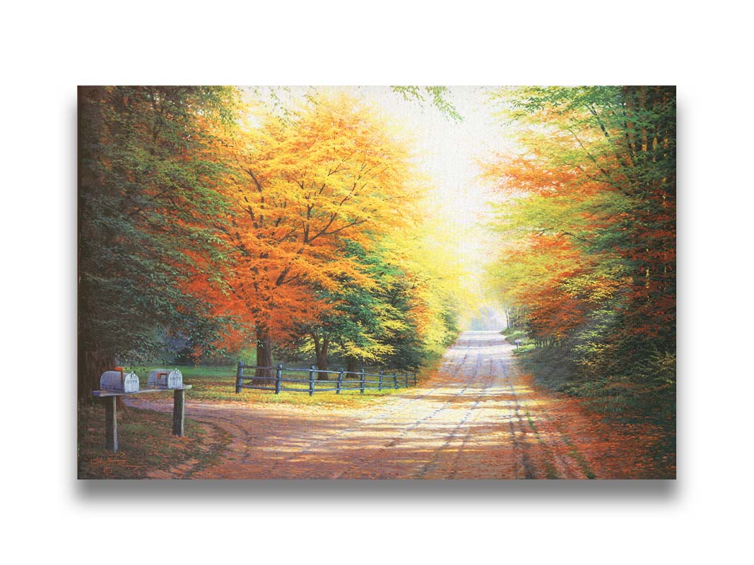 A painting of a gravel road, leading past a driveway with mailboxes and a quaint fence. All sides of the road are lined with trees, many of whose leaves have turned yellow and orange for fall. Printed on canvas.