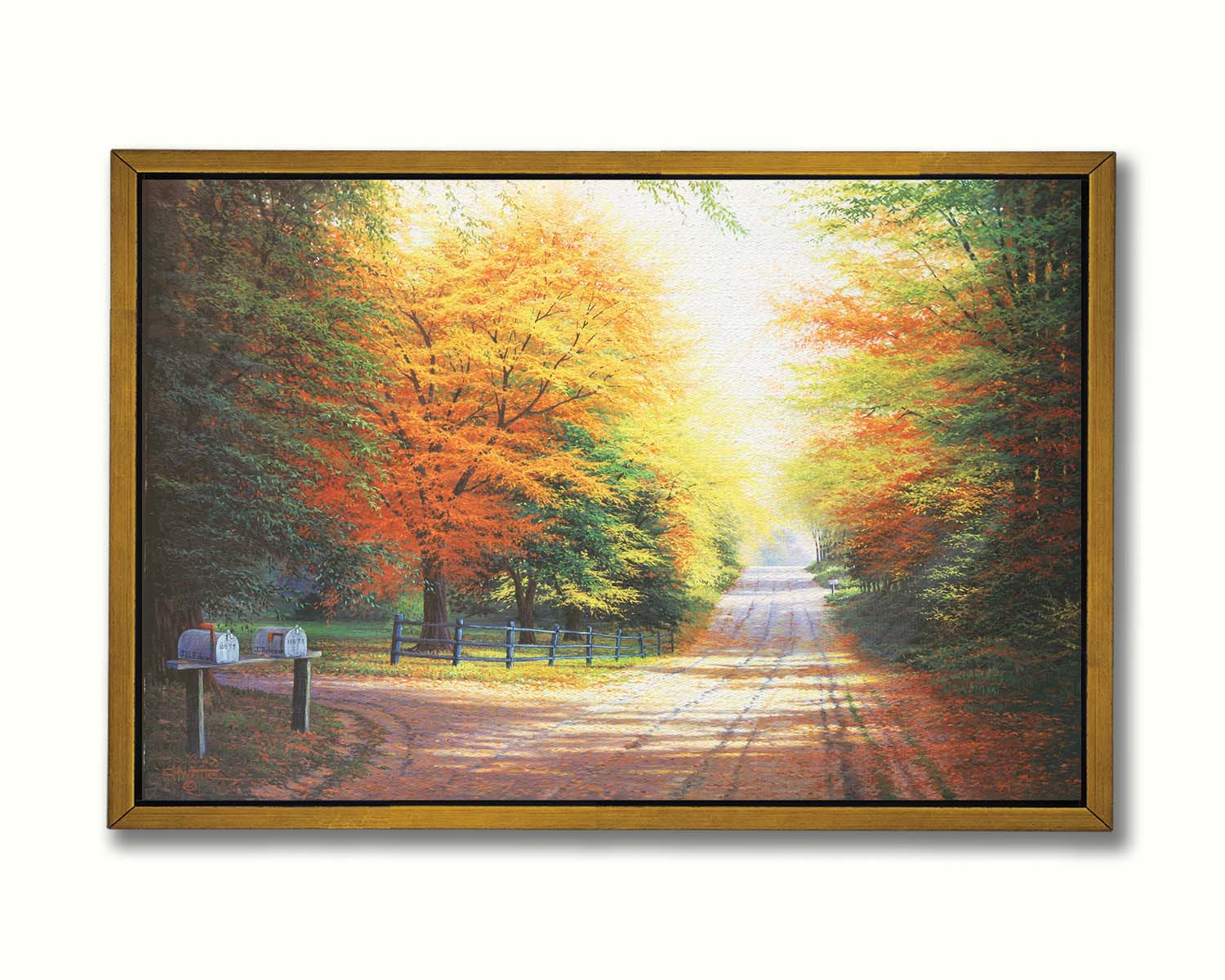 A painting of a gravel road, leading past a driveway with mailboxes and a quaint fence. All sides of the road are lined with trees, many of whose leaves have turned yellow and orange for fall. Printed on canvas in a float frame.