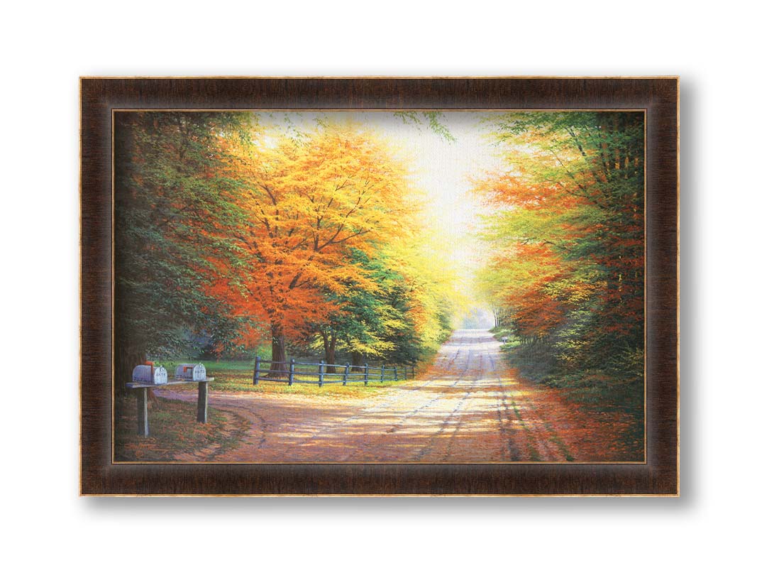 A painting of a gravel road, leading past a driveway with mailboxes and a quaint fence. All sides of the road are lined with trees, many of whose leaves have turned yellow and orange for fall. Printed on canvas and framed.