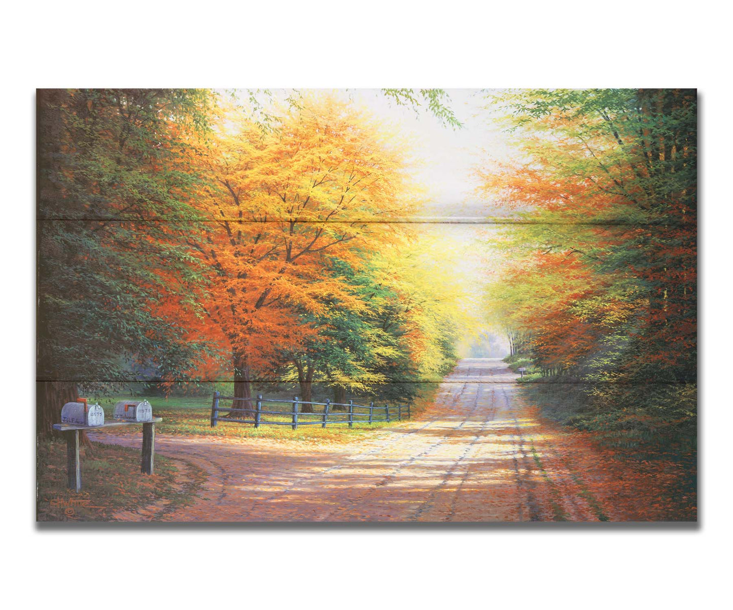 A painting of a gravel road, leading past a driveway with mailboxes and a quaint fence. All sides of the road are lined with trees, many of whose leaves have turned yellow and orange for fall. Printed on a box board.