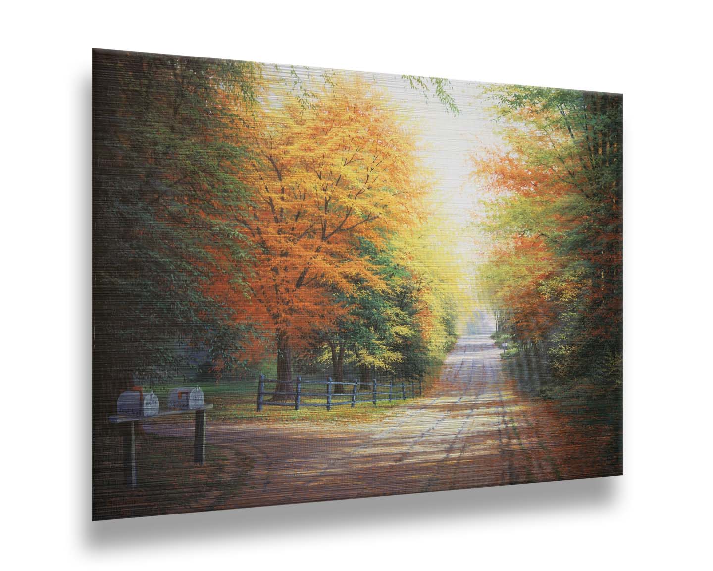 A painting of a gravel road, leading past a driveway with mailboxes and a quaint fence. All sides of the road are lined with trees, many of whose leaves have turned yellow and orange for fall. Printed on metal.