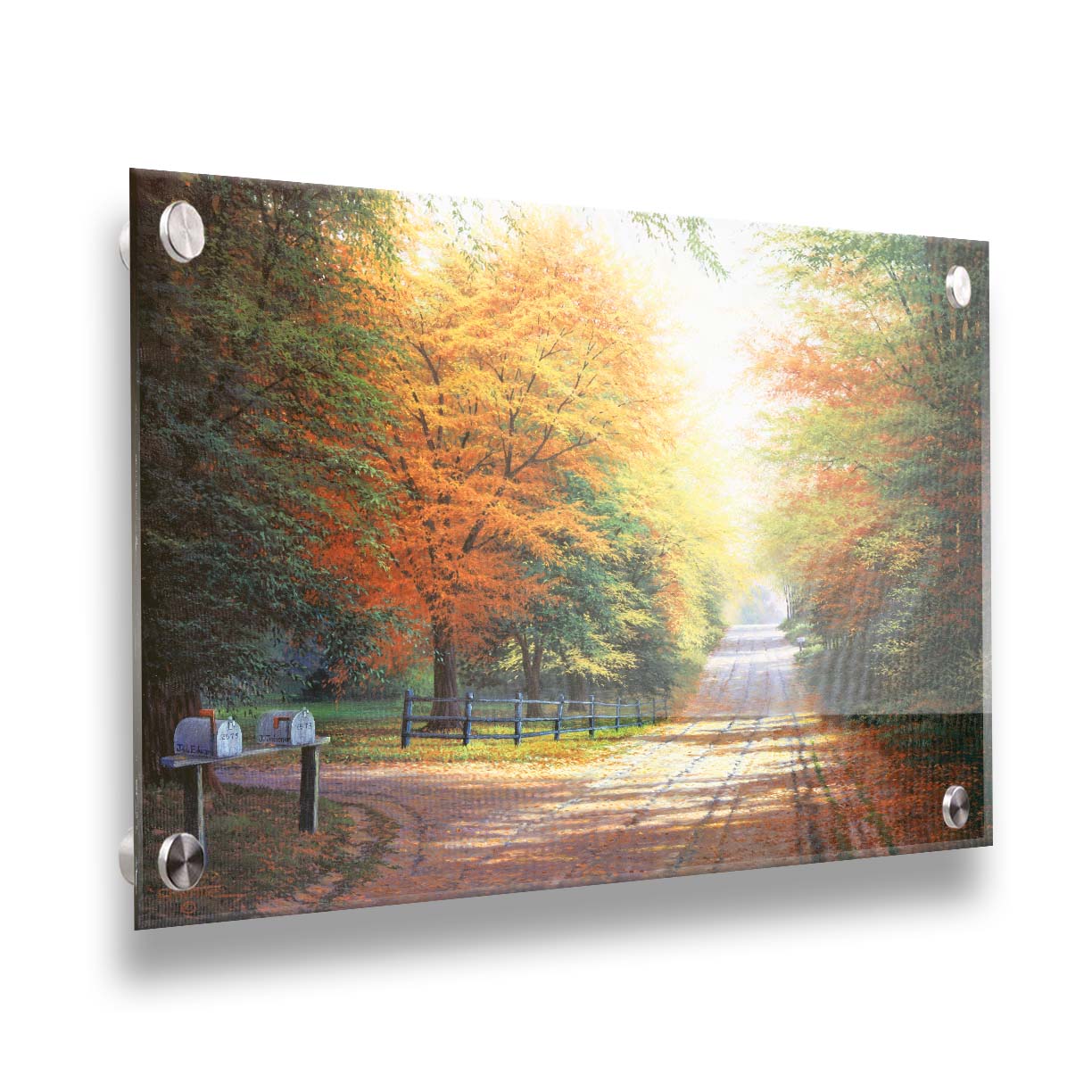 A painting of a gravel road, leading past a driveway with mailboxes and a quaint fence. All sides of the road are lined with trees, many of whose leaves have turned yellow and orange for fall. Printed on acrylic.