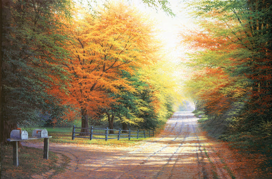 A painting of a gravel road, leading past a driveway with mailboxes and a quaint fence. All sides of the road are lined with trees, many of whose leaves have turned yellow and orange for fall. 