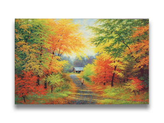 A painting of a gravel drive through a fall forest, leading to a cozy house. A person in a long coat and hat walks down the path to the home, carrying a bag. Printed on canvas.