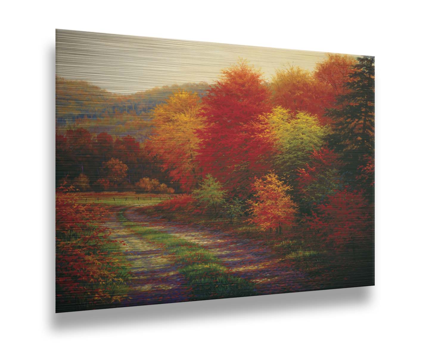 A painting of a forest in autumn, cut through by a gravel road curving into the distant fields and hills. Printed on metal.