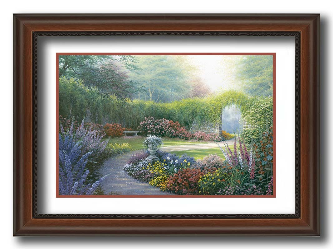 A painting of a path through a garden, filled with flowers in every color– including irises, foxgloves, butterfly bush, and more. A vine-covered stone wall with an archway surrounds the area. Printed on paper, matted, and framed.