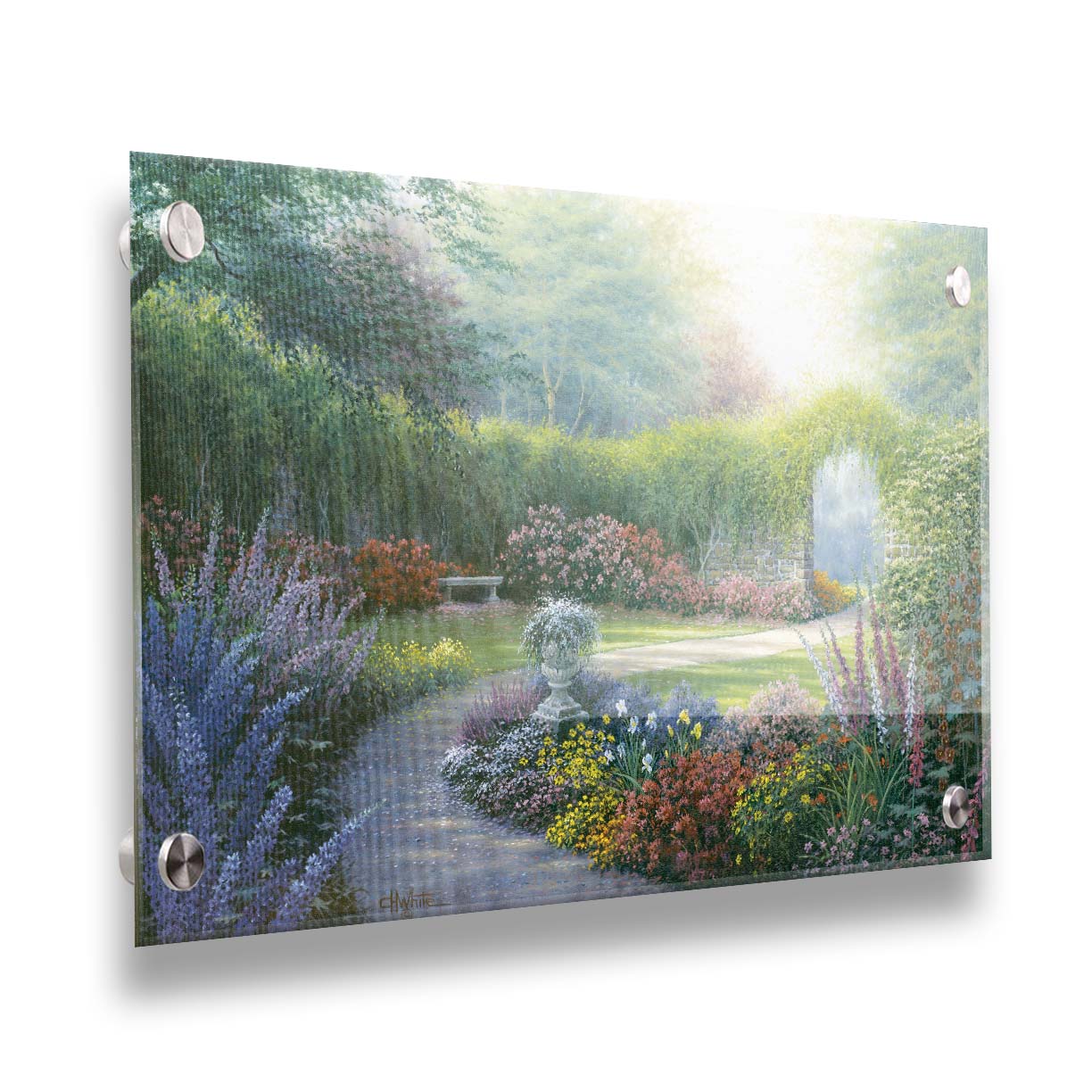 A painting of a path through a garden, filled with flowers in every color– including irises, foxgloves, butterfly bush, and more. A vine-covered stone wall with an archway surrounds the area. Printed on acrylic.