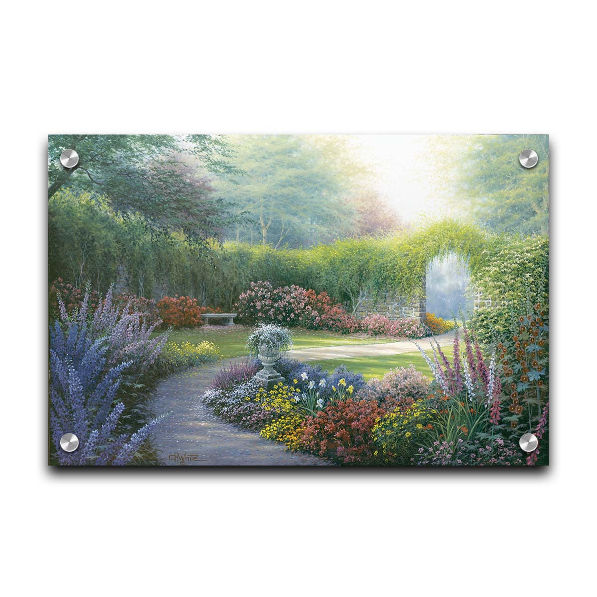 A painting of a path through a garden, filled with flowers in every color– including irises, foxgloves, butterfly bush, and more. A vine-covered stone wall with an archway surrounds the area. Printed on acrylic.