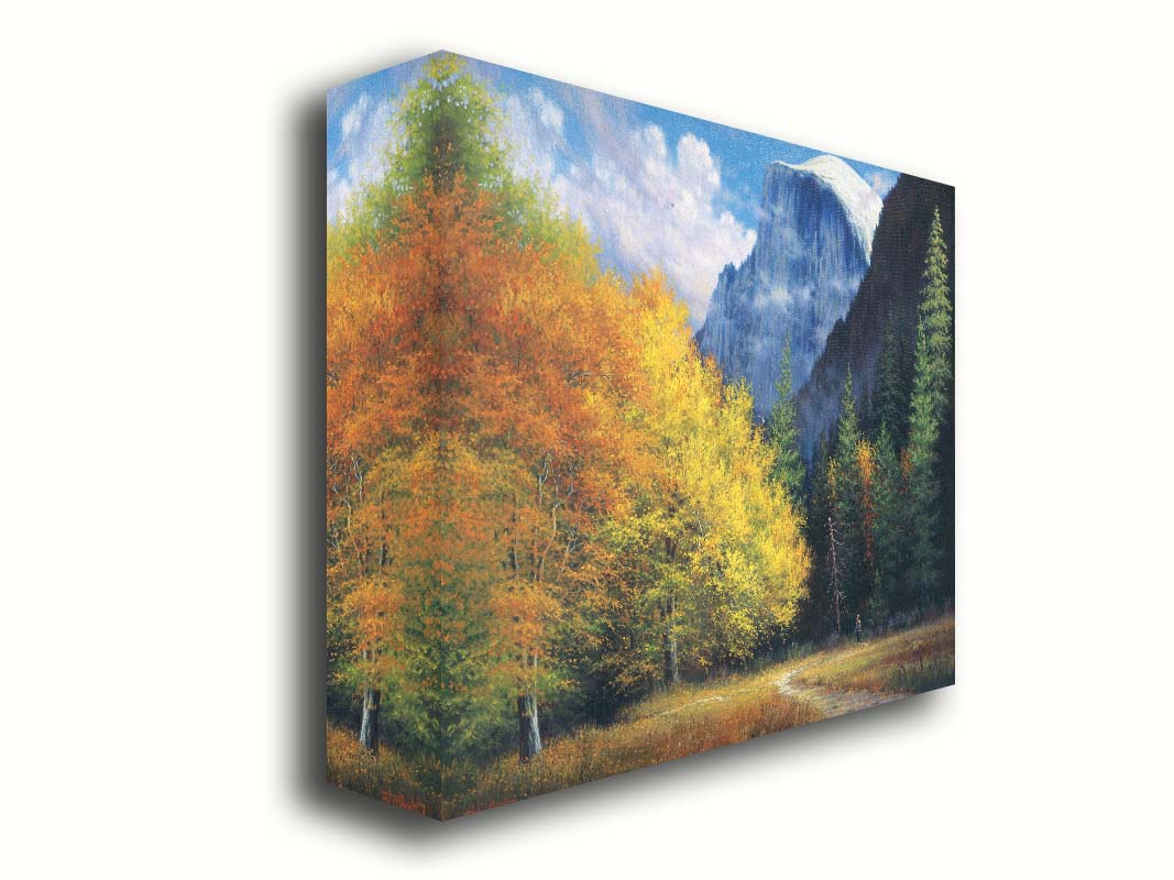 A painting of Yosemite National Park, with the iconic Half Dome batholith surrounded by wispy clouds. The fall foliage lines the trail to the summit. Printed on canvas.