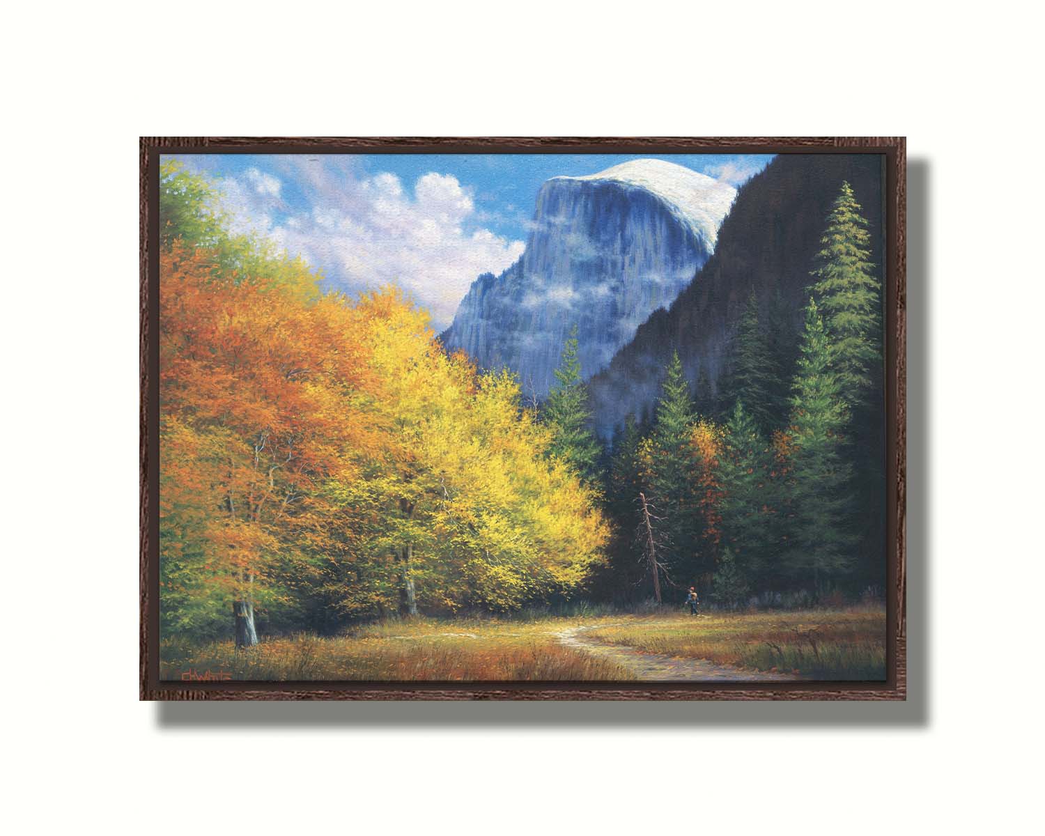 A painting of Yosemite National Park, with the iconic Half Dome batholith surrounded by wispy clouds. The fall foliage lines the trail to the summit. Printed on canvas in a float frame.