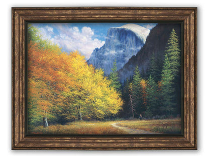 A painting of Yosemite National Park, with the iconic Half Dome batholith surrounded by wispy clouds. The fall foliage lines the trail to the summit. Printed on canvas and framed.