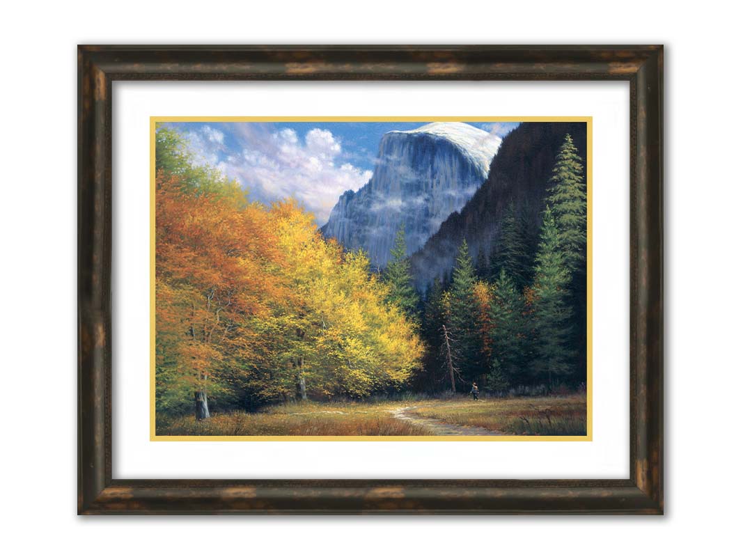 A painting of Yosemite National Park, with the iconic Half Dome batholith surrounded by wispy clouds. The fall foliage lines the trail to the summit. Printed on paper, matted, and framed.