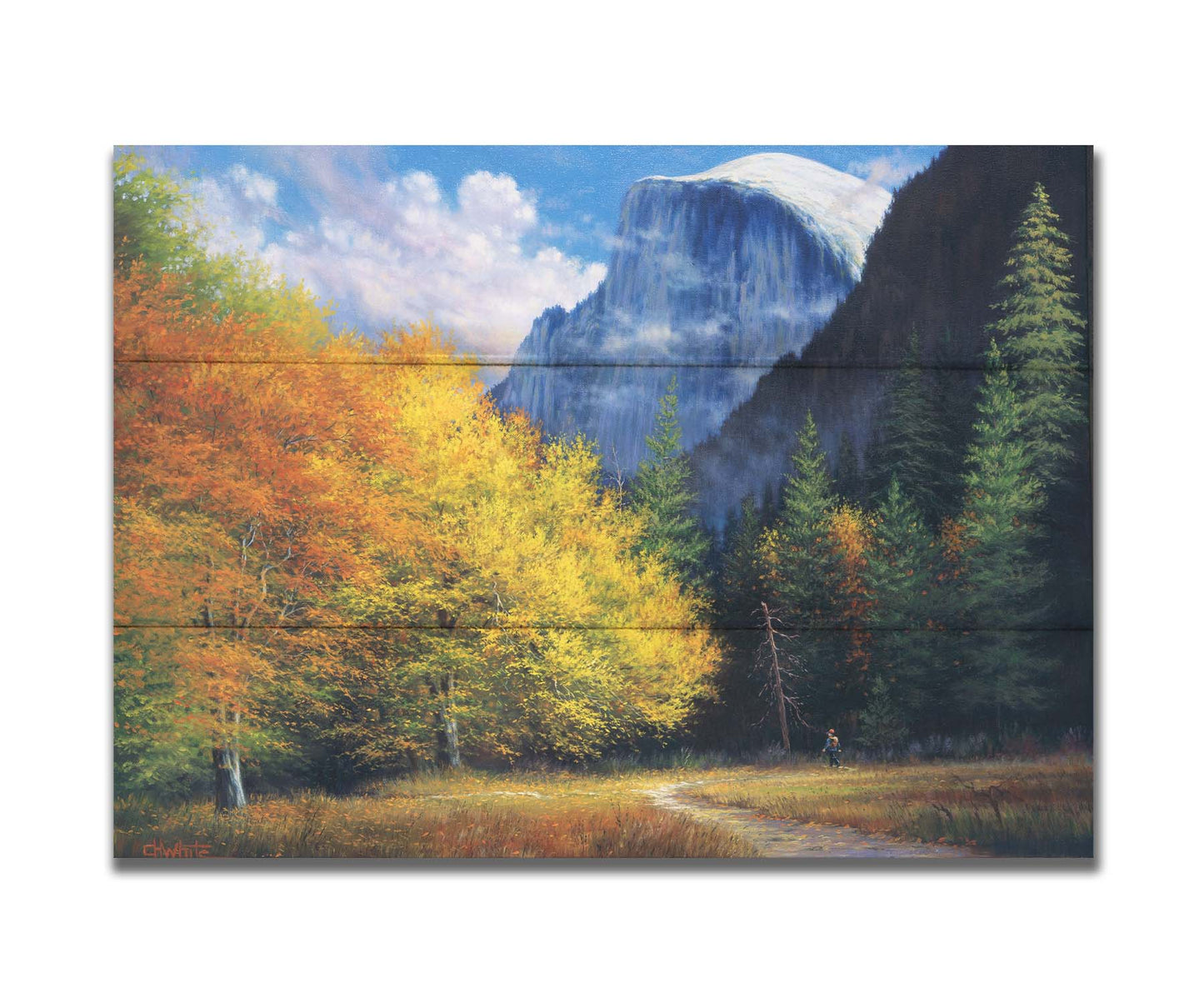 A painting of Yosemite National Park, with the iconic Half Dome batholith surrounded by wispy clouds. The fall foliage lines the trail to the summit. Printed on a box board.