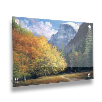 A painting of Yosemite National Park, with the iconic Half Dome batholith surrounded by wispy clouds. The fall foliage lines the trail to the summit. Printed on acrylic.