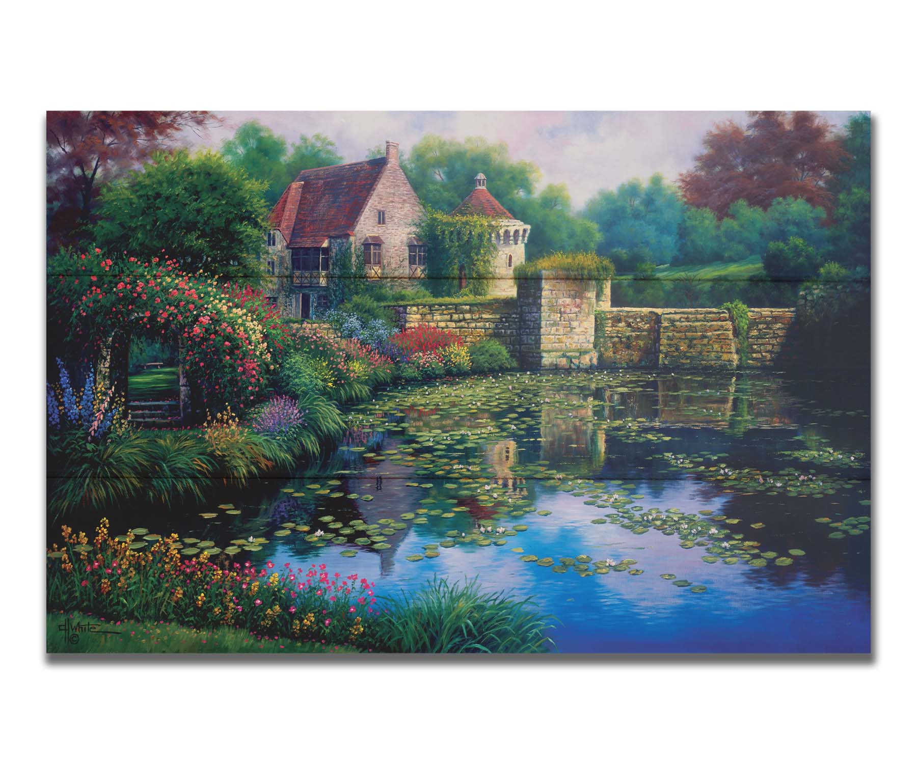 A painting of a pond covered in lily pads– bordered by a garden of flowers in every color, as well as an old stone wall covered in mosses and vines. Beyond it is a home with historic architecture, also supporting vines. The plants and structures are all well-maintained and not overgrown. Printed on a box board.