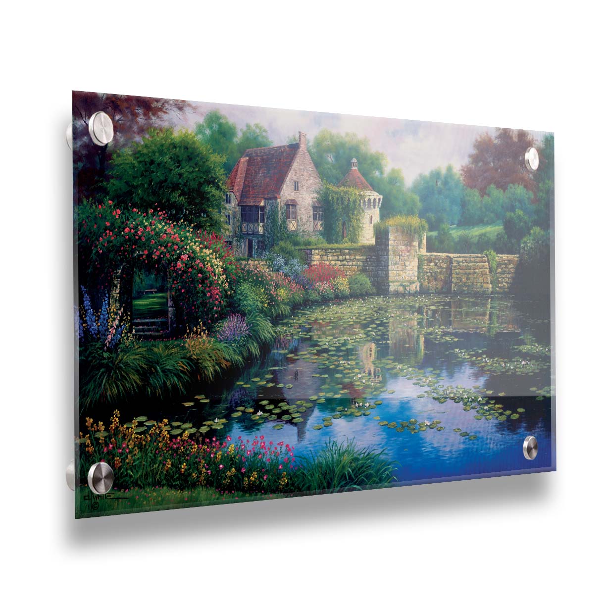 A painting of a pond covered in lily pads– bordered by a garden of flowers in every color, as well as an old stone wall covered in mosses and vines. Beyond it is a home with historic architecture, also supporting vines. The plants and structures are all well-maintained and not overgrown. Printed on acrylic.