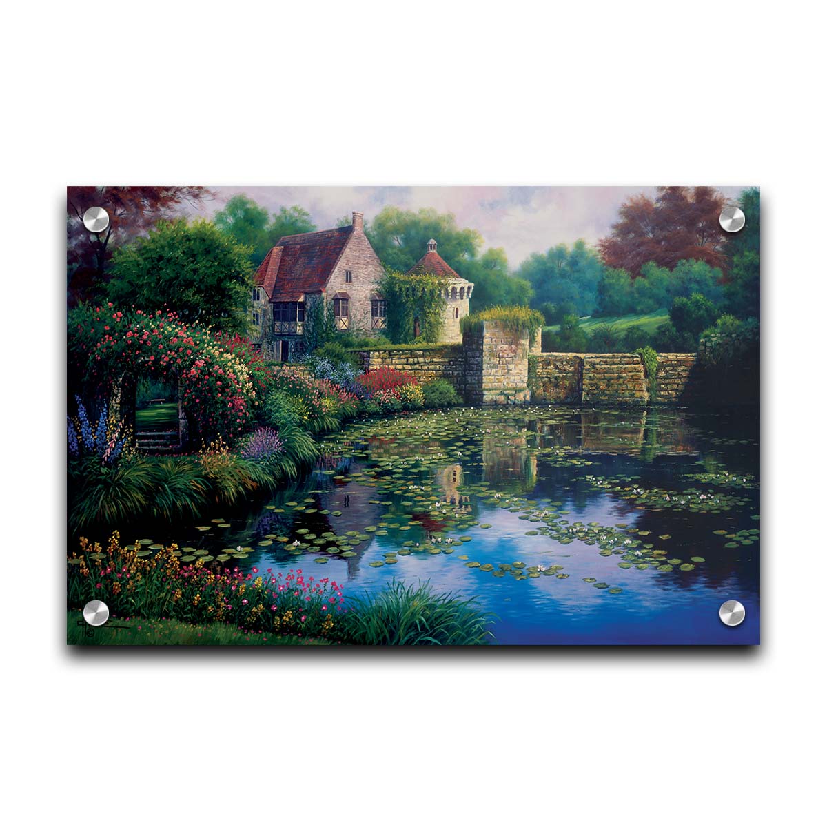 A painting of a pond covered in lily pads– bordered by a garden of flowers in every color, as well as an old stone wall covered in mosses and vines. Beyond it is a home with historic architecture, also supporting vines. The plants and structures are all well-maintained and not overgrown. Printed on acrylic.