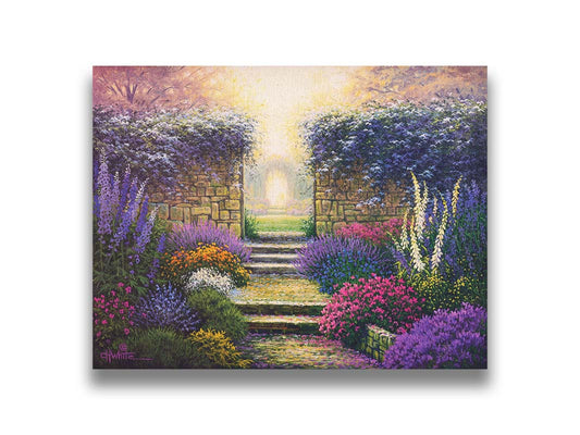 A landscape painting of a stepped stone walkway through a garden. Bushes, vines, and trees bloom in purples, pinks, whites, and blues– contrasted by a few yellows. The path leads up through a gate in a stone wall, with a second stone gateway in the distance inviting you to explore further. Printed on canvas.