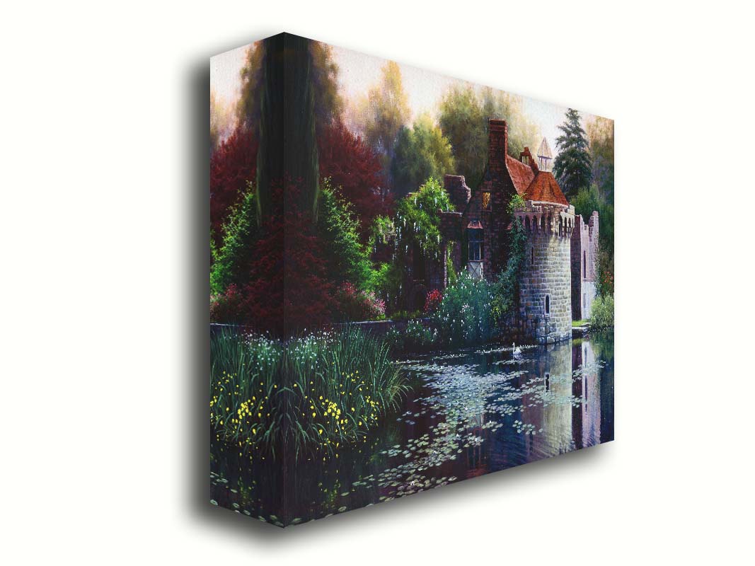 A painting of the ruins of a medieval house called Scotney Old Castle on an island lake in Kent, England. It is surrounded by a garden of azaleas, kalmia, rhododendrons, roses, wisteria, and other plants. Printed on canvas.