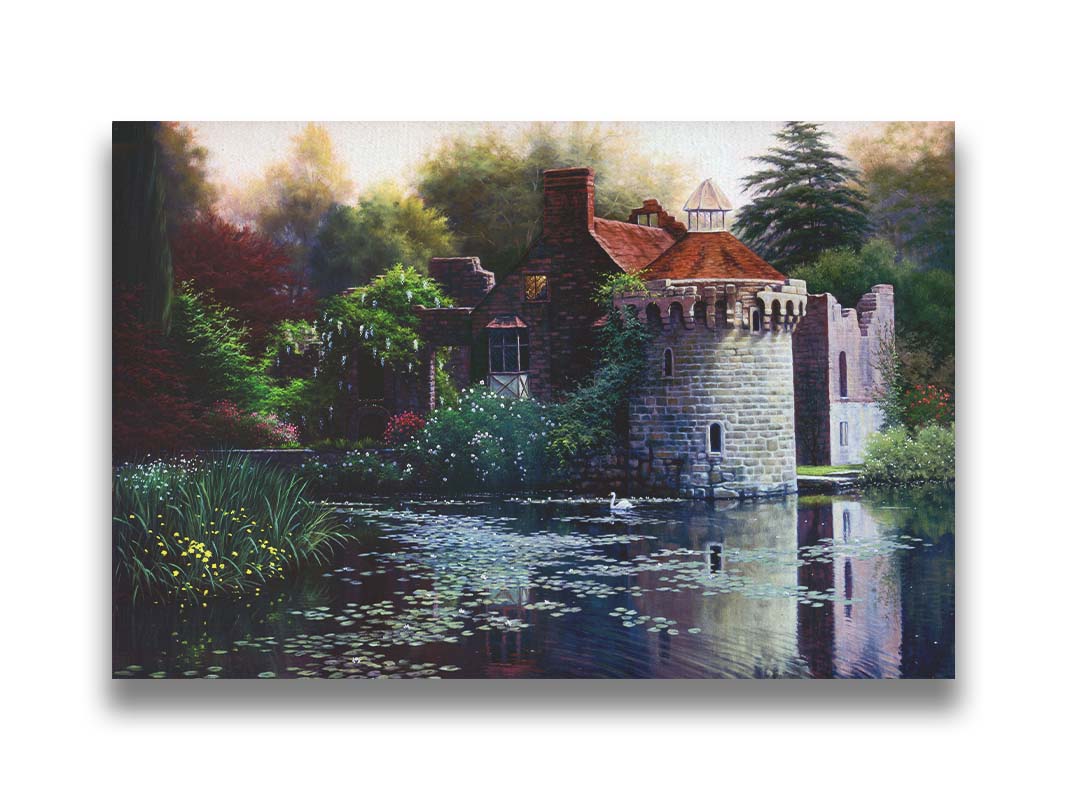 A painting of the ruins of a medieval house called Scotney Old Castle on an island lake in Kent, England. It is surrounded by a garden of azaleas, kalmia, rhododendrons, roses, wisteria, and other plants. Printed on canvas.