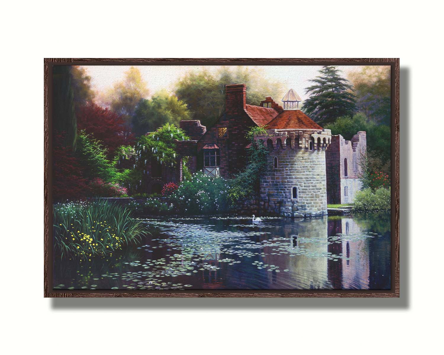 A painting of the ruins of a medieval house called Scotney Old Castle on an island lake in Kent, England. It is surrounded by a garden of azaleas, kalmia, rhododendrons, roses, wisteria, and other plants. Printed on canvas in a float frame.