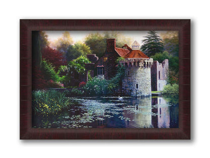 A painting of the ruins of a medieval house called Scotney Old Castle on an island lake in Kent, England. It is surrounded by a garden of azaleas, kalmia, rhododendrons, roses, wisteria, and other plants. Printed on canvas and framed.