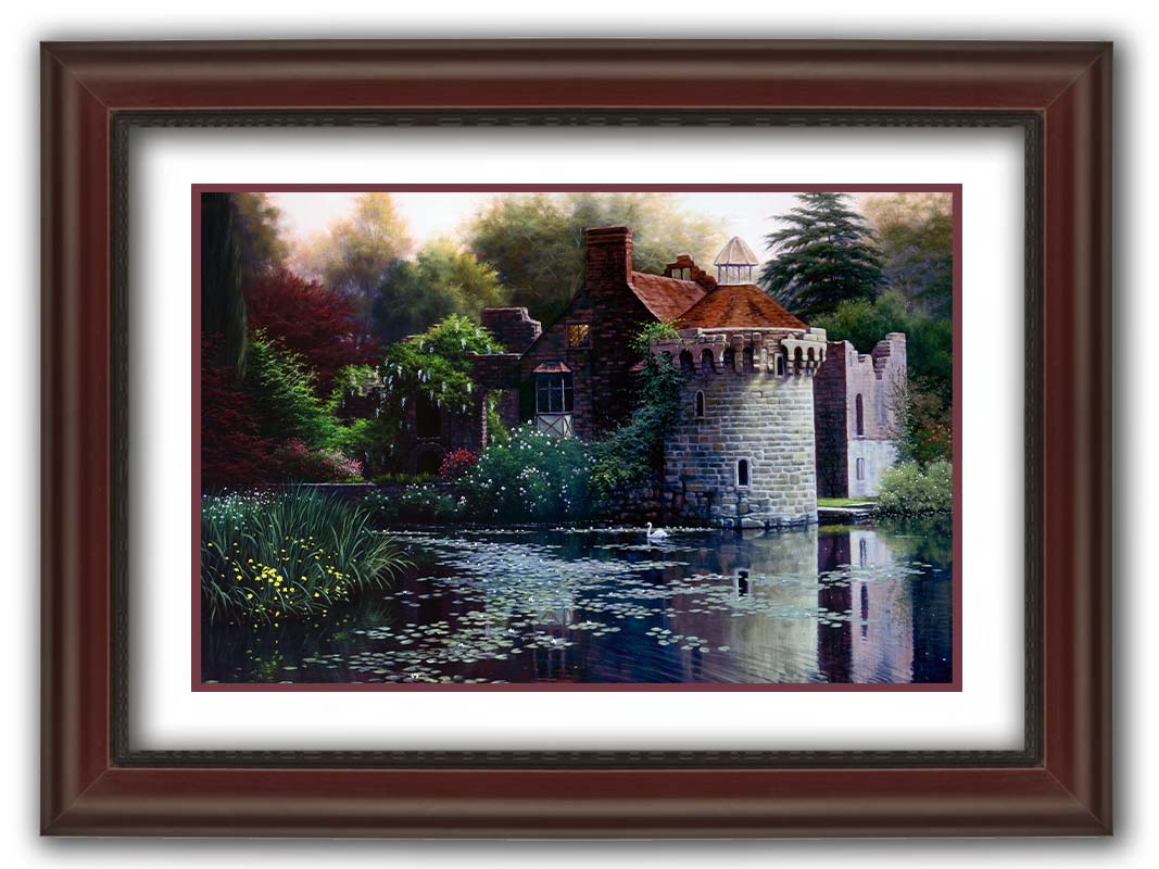 A painting of the ruins of a medieval house called Scotney Old Castle on an island lake in Kent, England. It is surrounded by a garden of azaleas, kalmia, rhododendrons, roses, wisteria, and other plants. Printed on paper, matted, and framed.