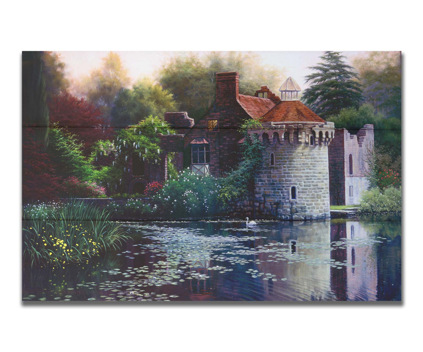 A painting of the ruins of a medieval house called Scotney Old Castle on an island lake in Kent, England. It is surrounded by a garden of azaleas, kalmia, rhododendrons, roses, wisteria, and other plants. Printed on a box board.