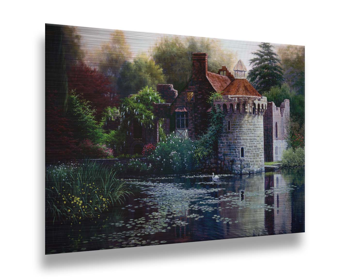 A painting of the ruins of a medieval house called Scotney Old Castle on an island lake in Kent, England. It is surrounded by a garden of azaleas, kalmia, rhododendrons, roses, wisteria, and other plants. Printed on metal.