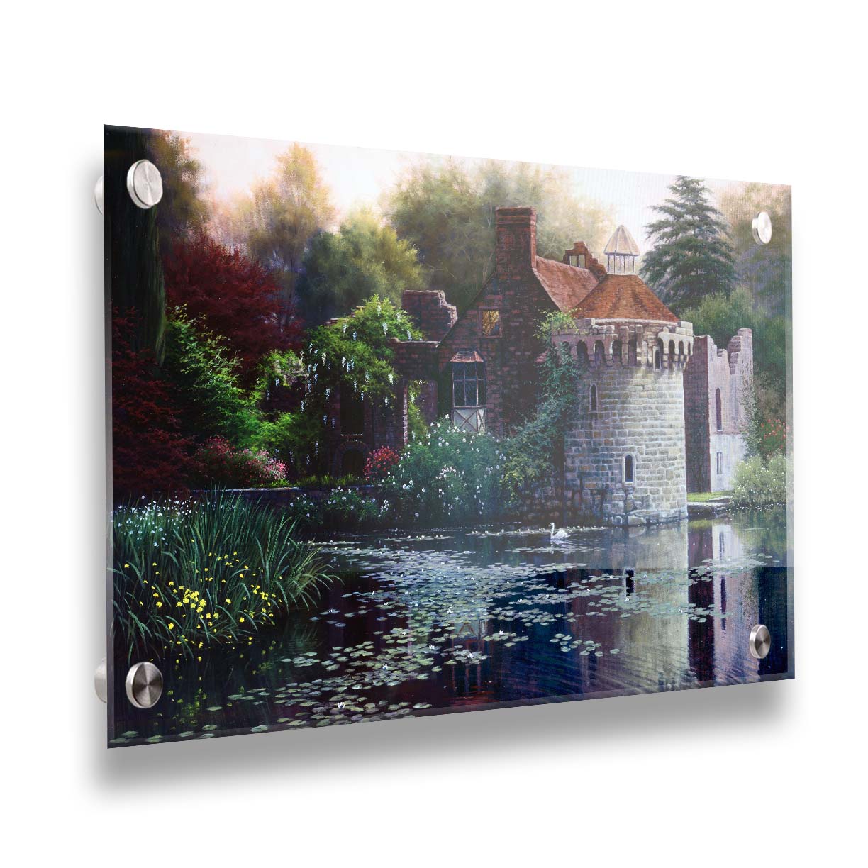 A painting of the ruins of a medieval house called Scotney Old Castle on an island lake in Kent, England. It is surrounded by a garden of azaleas, kalmia, rhododendrons, roses, wisteria, and other plants. Printed on acrylic.