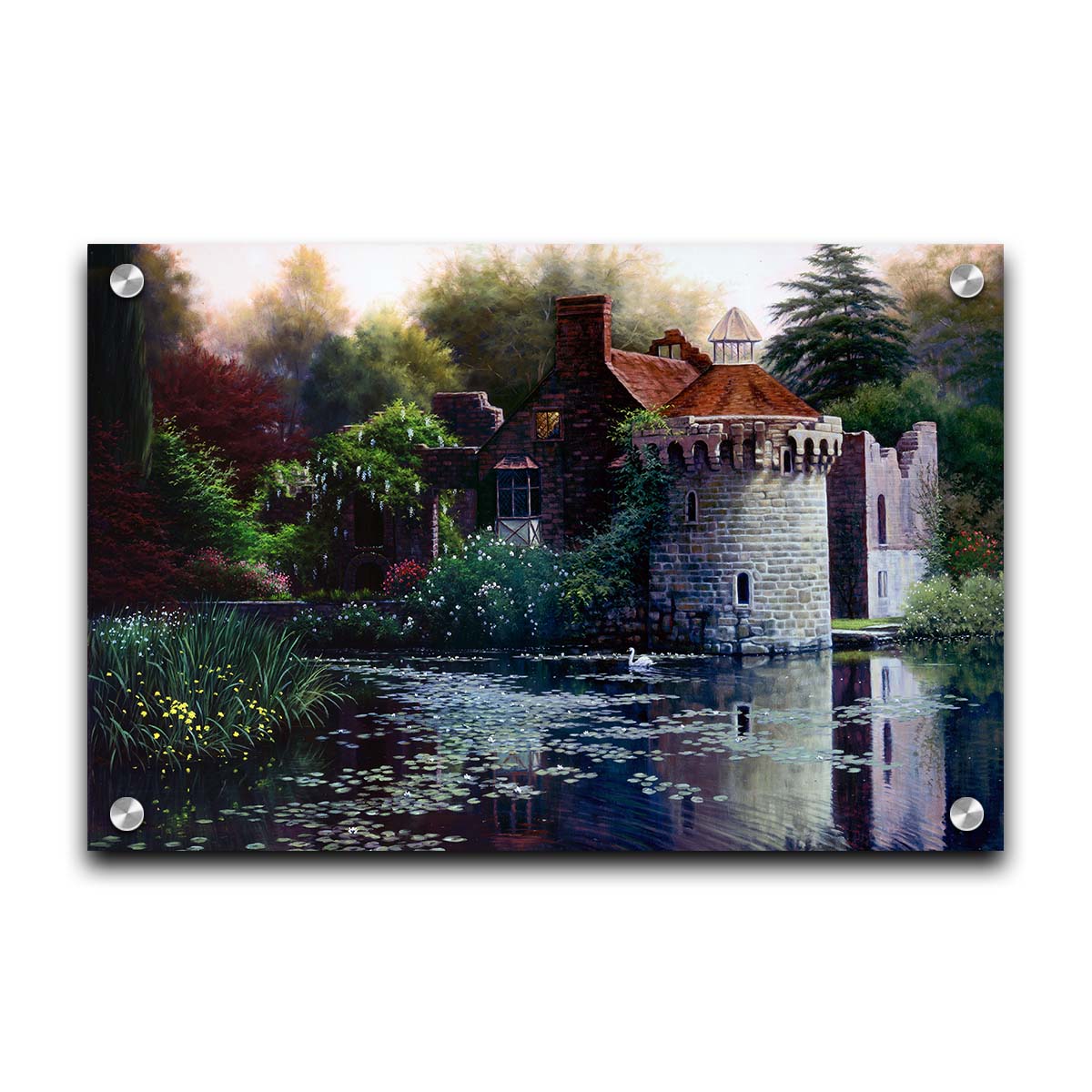 A painting of the ruins of a medieval house called Scotney Old Castle on an island lake in Kent, England. It is surrounded by a garden of azaleas, kalmia, rhododendrons, roses, wisteria, and other plants. Printed on acrylic.