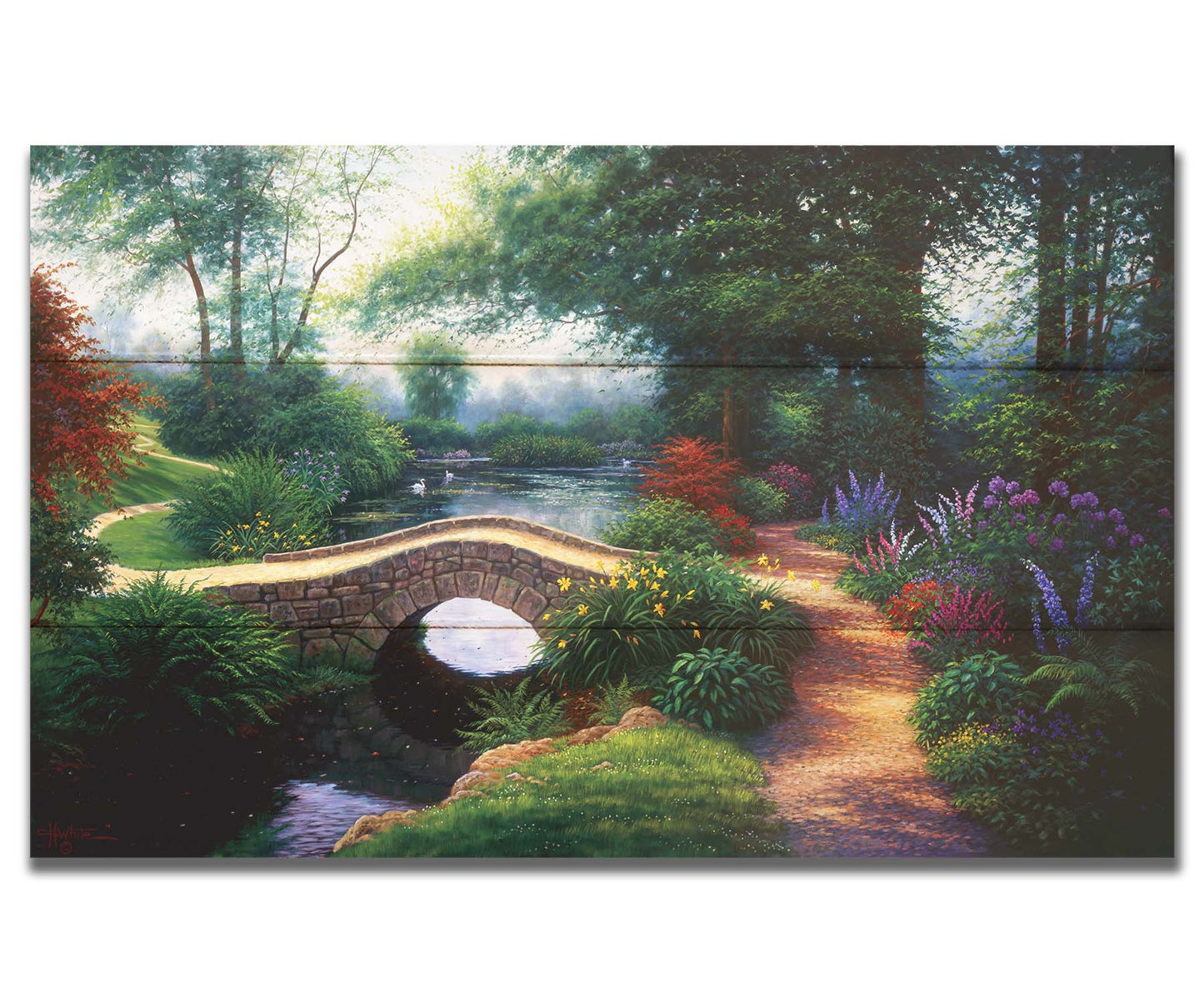 A painting of a serene garden path winding between flowers and trees. A stone bridge crosses over a tranquil pond inhabited by graceful swans. Printed on a box board.