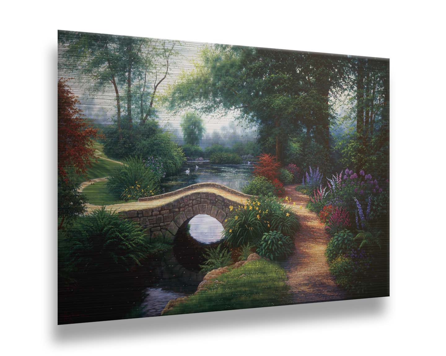 A painting of a serene garden path winding between flowers and trees. A stone bridge crosses over a tranquil pond inhabited by graceful swans. Printed on metal.