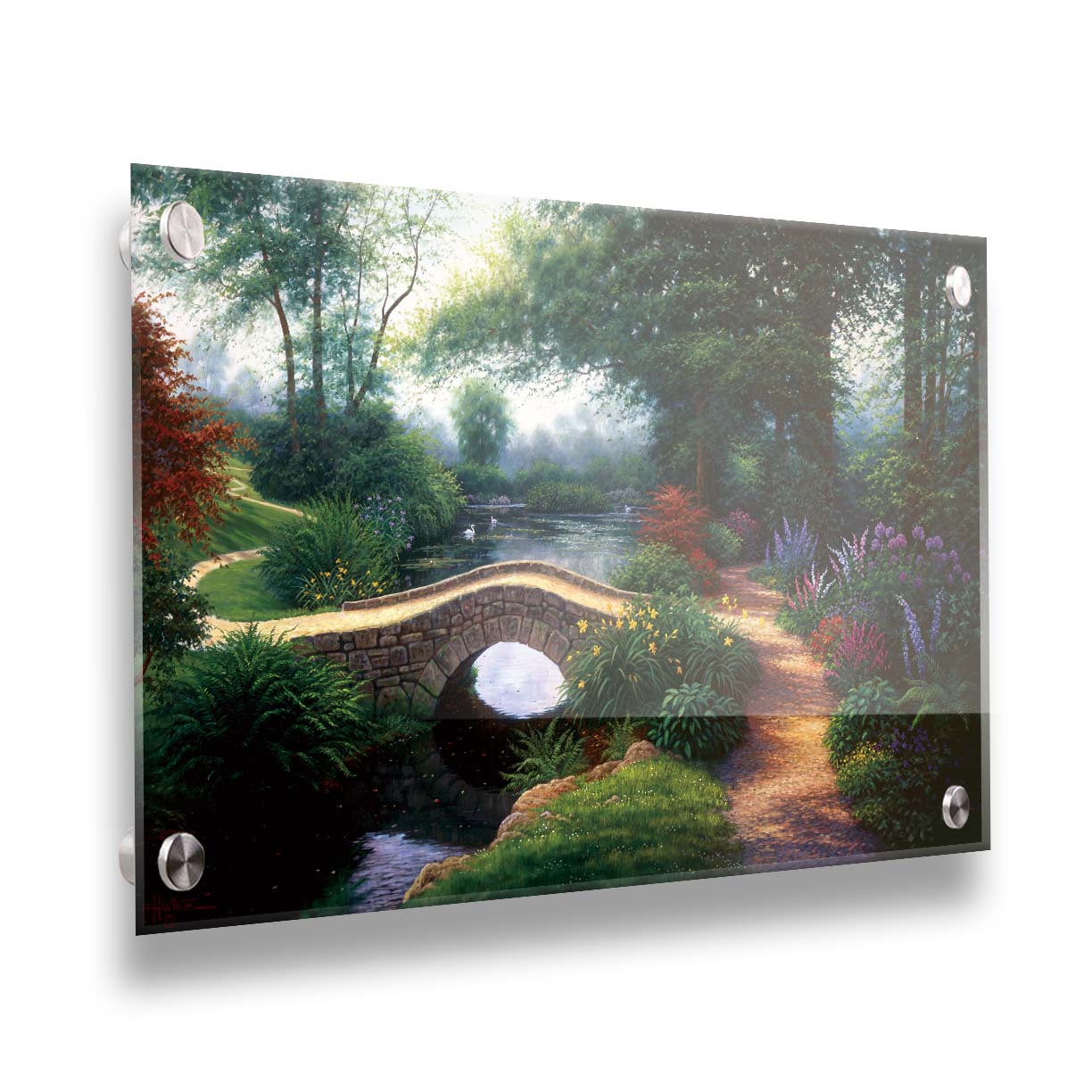 A painting of a serene garden path winding between flowers and trees. A stone bridge crosses over a tranquil pond inhabited by graceful swans. Printed on acrylic.