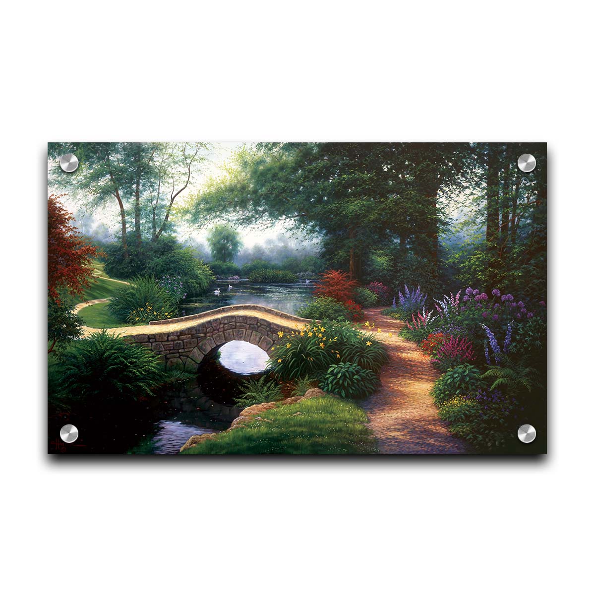 A painting of a serene garden path winding between flowers and trees. A stone bridge crosses over a tranquil pond inhabited by graceful swans. Printed on acrylic.