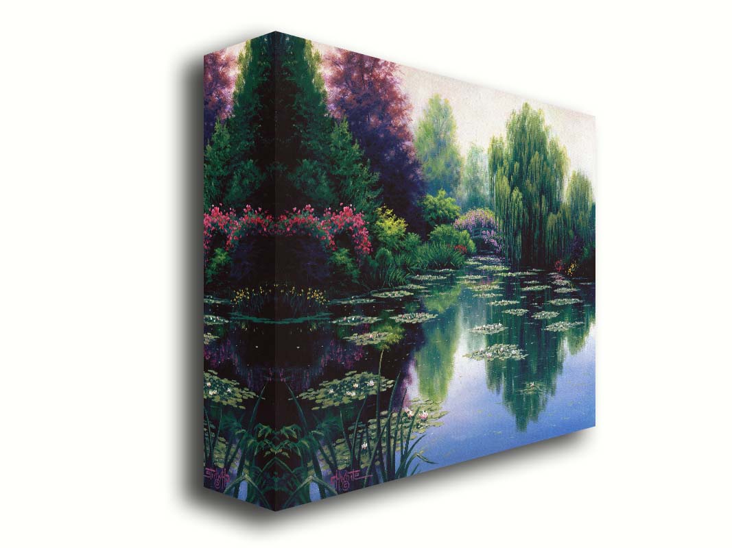 A painting of a pond filled with lily pads, surrounded by vibrant flowers and graceful willow trees.  Printed on canvas.