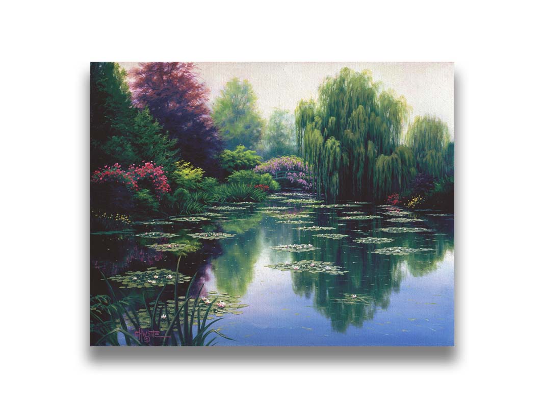 A painting of a pond filled with lily pads, surrounded by vibrant flowers and graceful willow trees.  Printed on canvas.